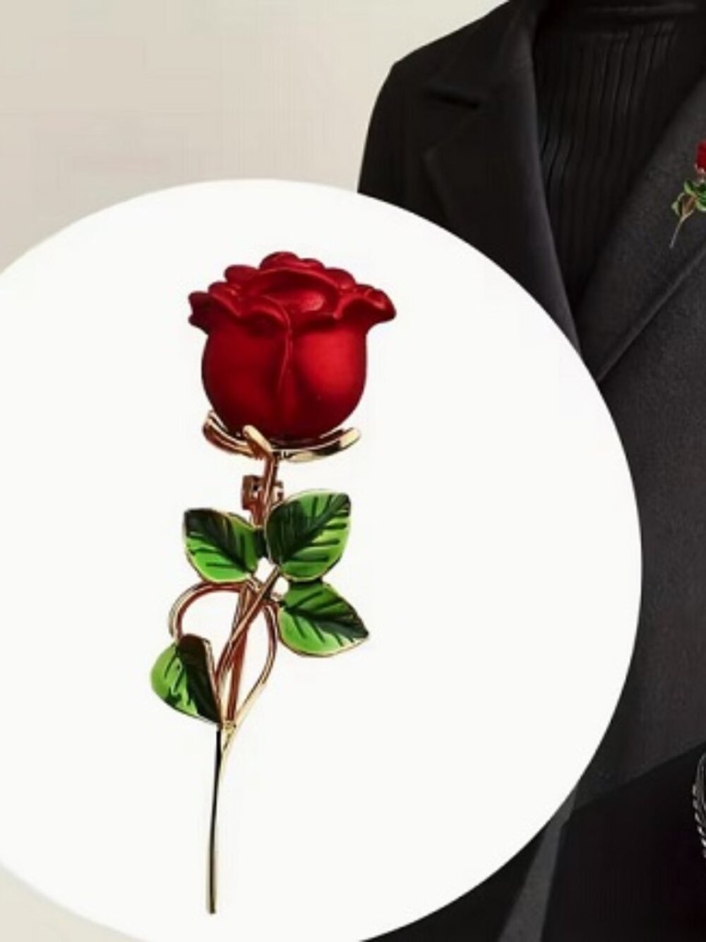 Brooch / Pins Gold Elegant Red Rose w/ Emerald Leaves ~ DP-102
